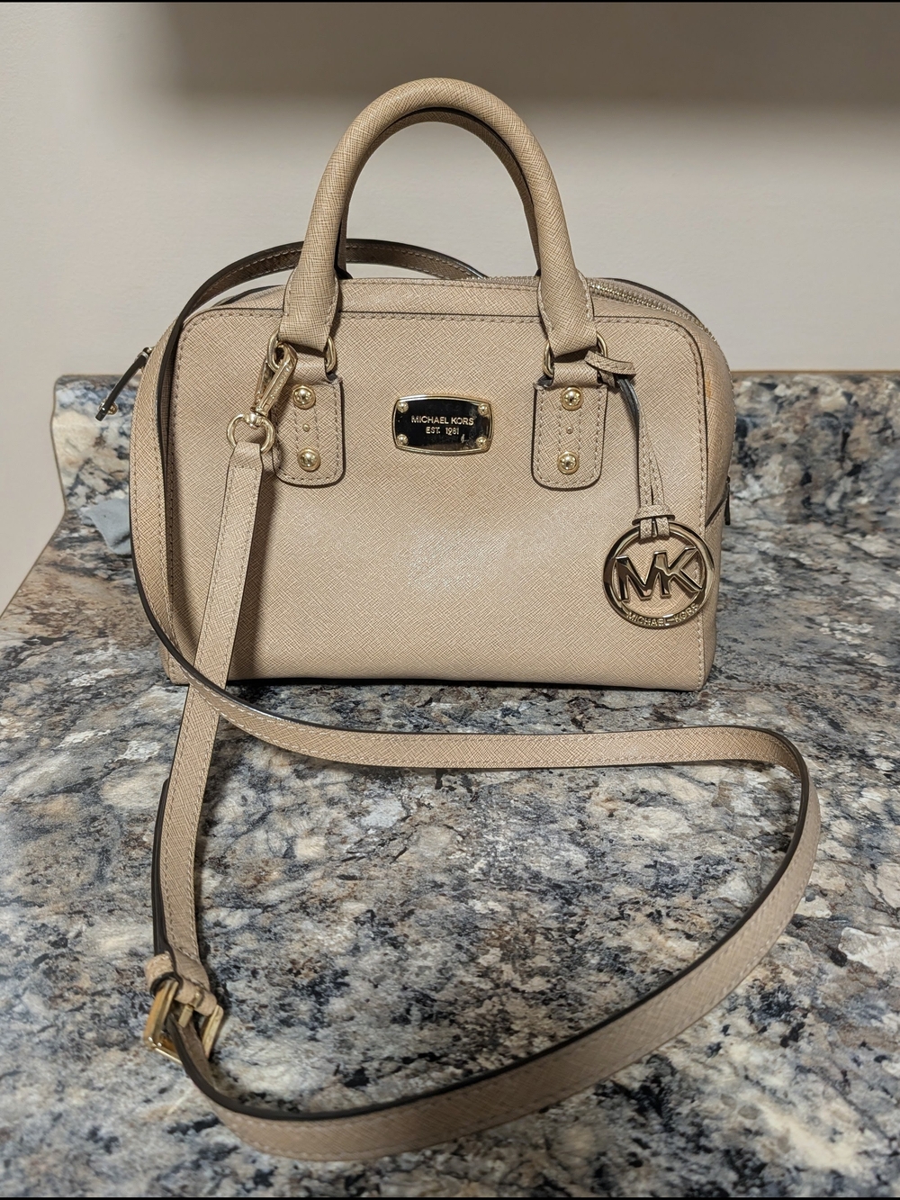Michael Kors Taupe Saffiano Leather Satchel with Gold Hardware
